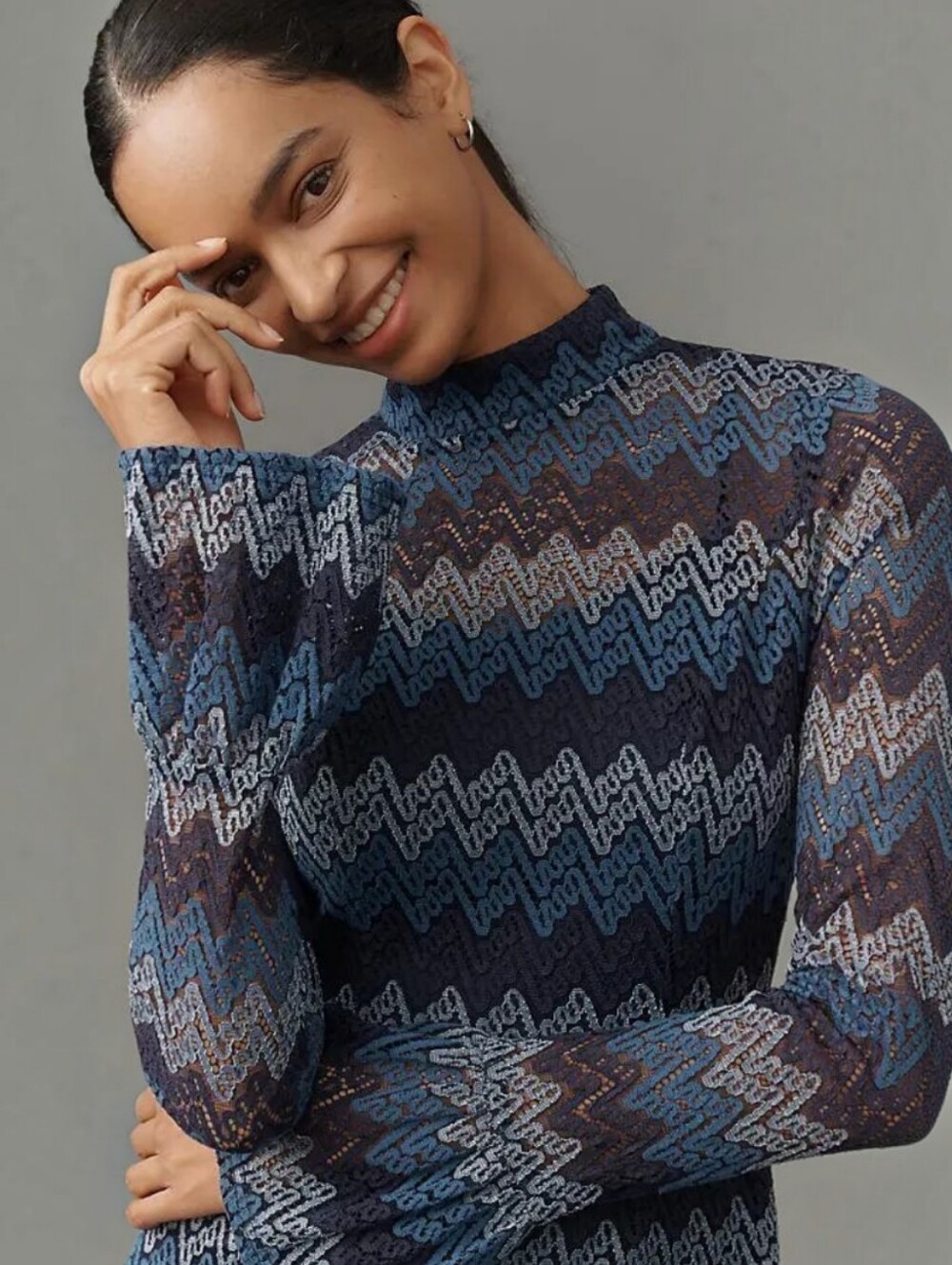 En Saison Lorrae Navy Tonal Zigzag/Chevron Pattern Lace Midi Dress, M, Boho Fall - Picture 7 of 16